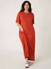 SHEIN BASICS 大碼素色T恤連衣裙 - 橘色 - 查看 1
