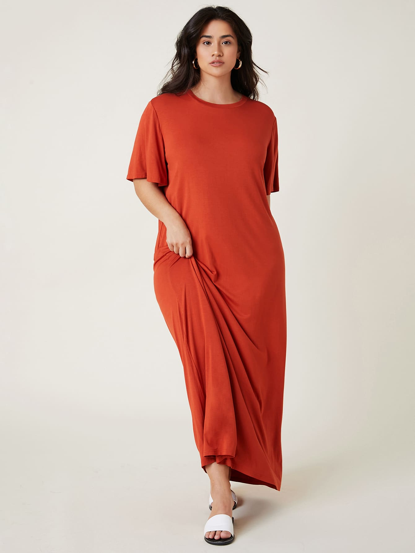 SHEIN BASICS 大碼素色T恤連衣裙 - 橘色 - 查看 1