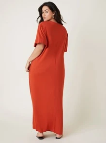 SHEIN BASICS 大碼素色T恤連衣裙 - 橘色 - 查看 2