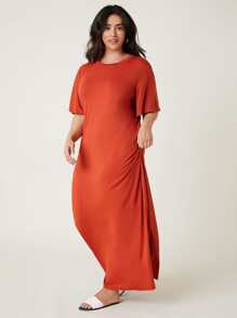 SHEIN BASICS 大碼素色T恤連衣裙 - 橘色 - 查看 4