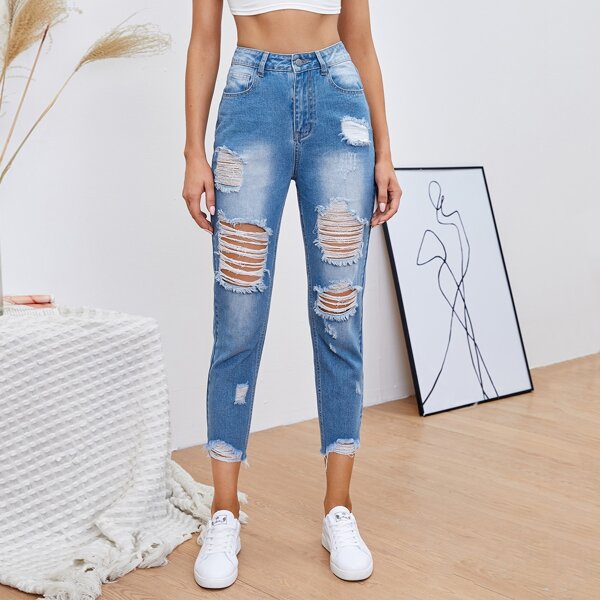 

High Waist Ripped Jeans, Medium wash