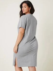 SHEIN BASICS 大碼含棉下擺開叉素色T恤洋裝 - 淺灰色 - 查看 2