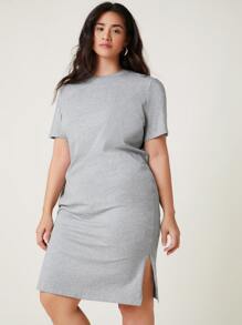 SHEIN BASICS 大碼含棉下擺開叉素色T恤洋裝 - 淺灰色 - 查看 3