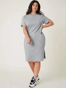 SHEIN BASICS 大碼含棉下擺開叉素色T恤洋裝 - 淺灰色 - 查看 4