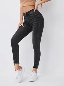Jeans ajustados rotos bajo crudo - Gris Oscuro - Ver 1