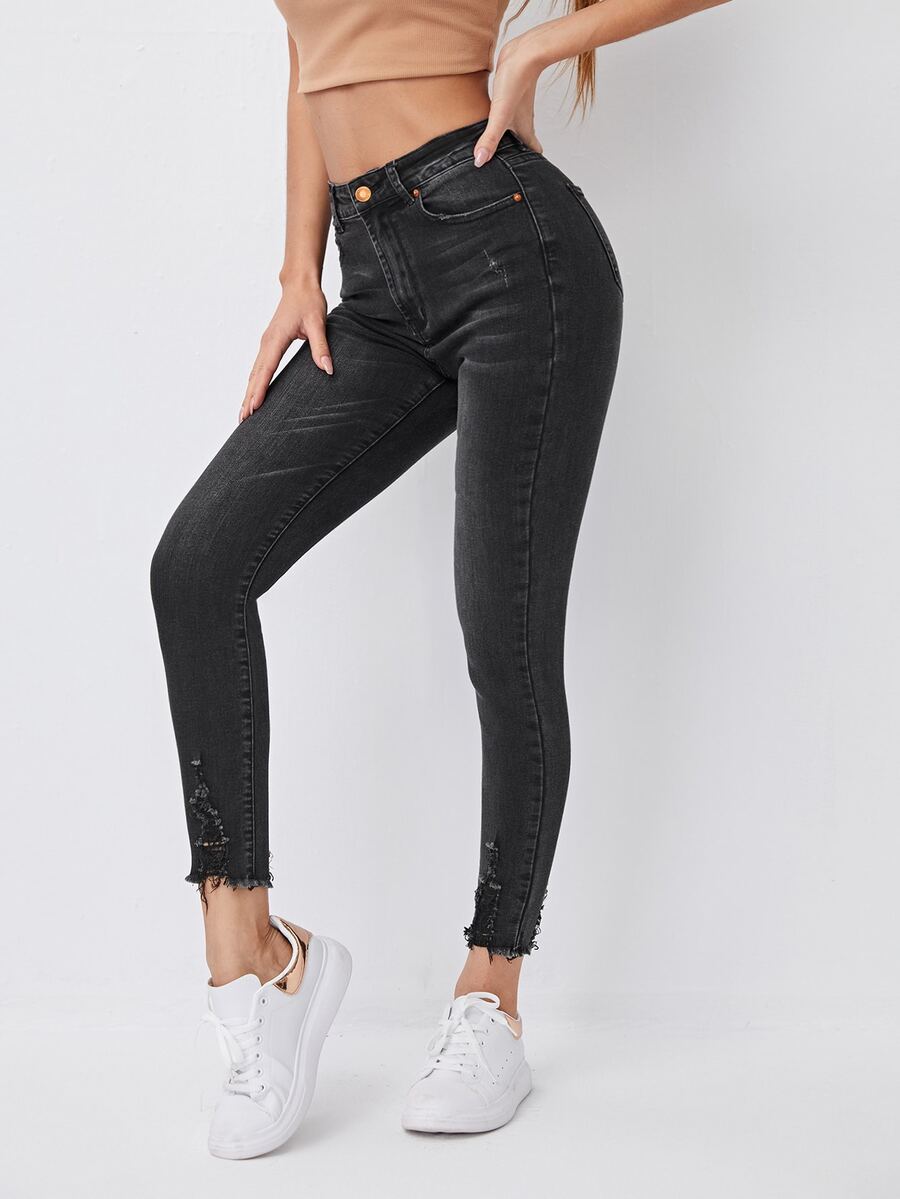 Jeans ajustados rotos bajo crudo - Gris Oscuro - Ver 1