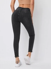 Jeans ajustados rotos bajo crudo - Gris Oscuro - Ver 2