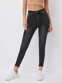 Jeans ajustados rotos bajo crudo - Gris Oscuro - Ver 3