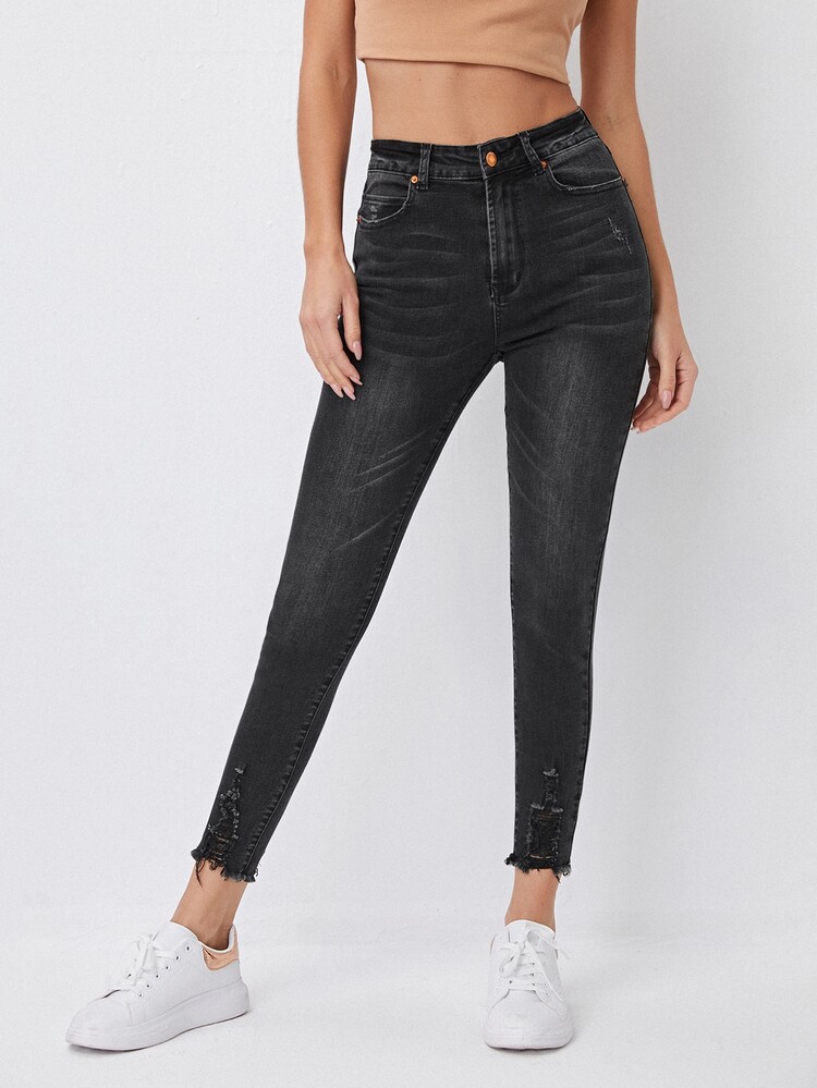 High Stretch Raw Hem Ripped Skinny Jeans - Dark Grey - View 3