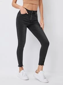 Jeans ajustados rotos bajo crudo - Gris Oscuro - Ver 5