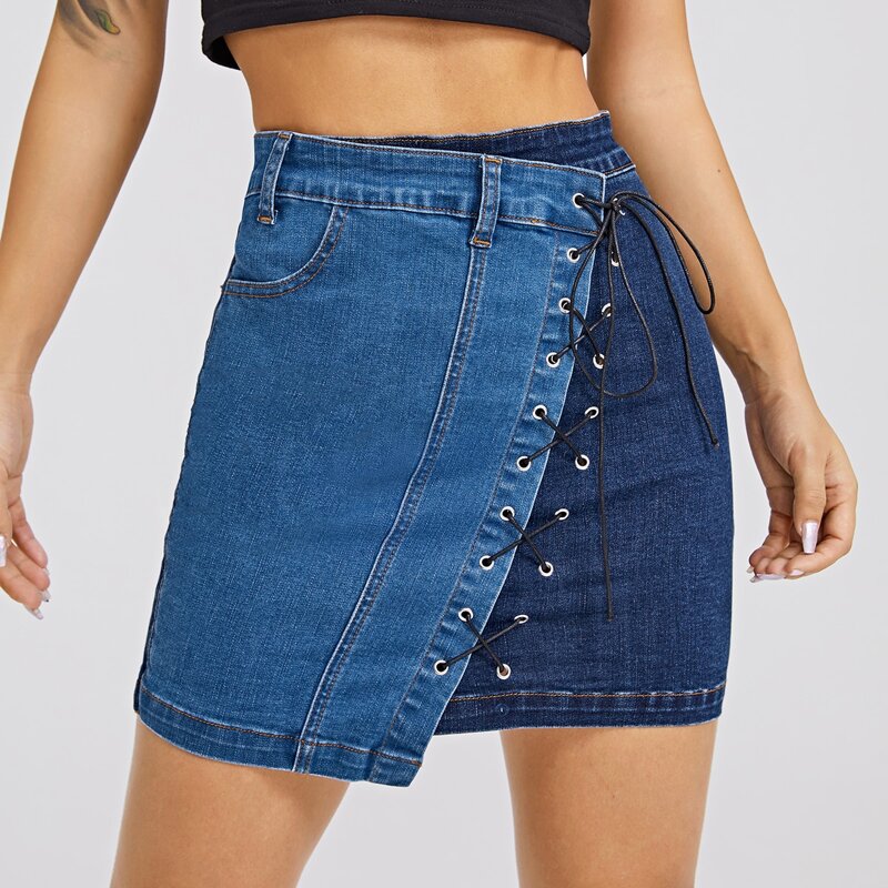 

Eyelet Lace Up Knot Colorblock Denim Skirt, Medium wash