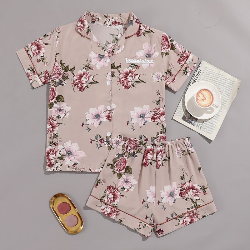

Floral Print Lapel Neck PJ Set, Apricot