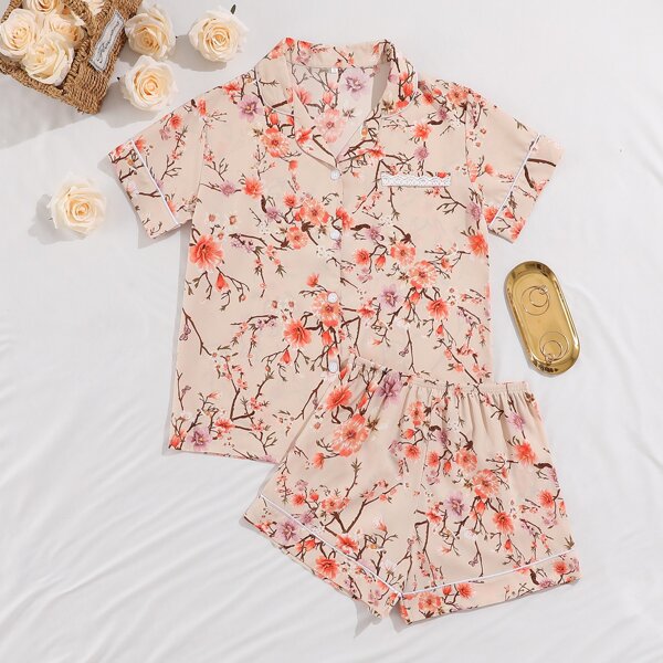 

Floral Print Lapel Collar Button Front Night Set, Multicolor
