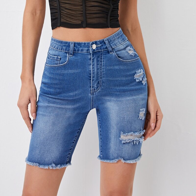 

Raw Hem Ripped Denim Shorts, Medium wash