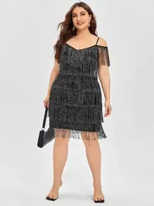 Plus Cold Shoulder Fringe Overlay Dress - Black - View 1
