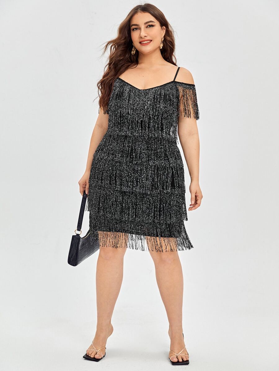 Plus Cold Shoulder Fringe Overlay Dress - Black - View 1