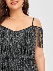 Plus Cold Shoulder Fringe Overlay Dress - Black - View 4