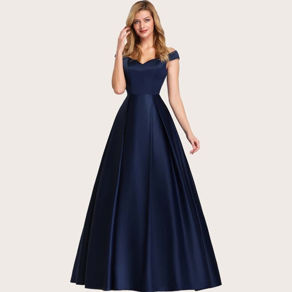 

Off Shoulder Boxy Pleated Satin Prom Dress, Navy blue