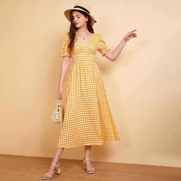 

Ruched Bust Tied Backless Shirred Waist Gingham Dress, Yellow