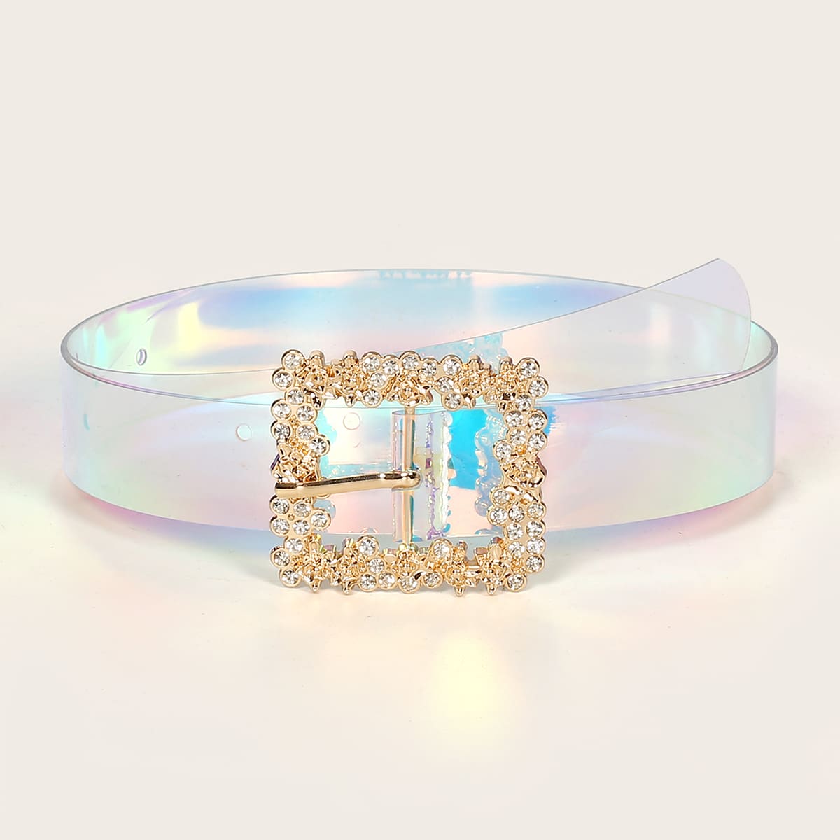 

Rhinestone Buckle Holographic Belt, Clear