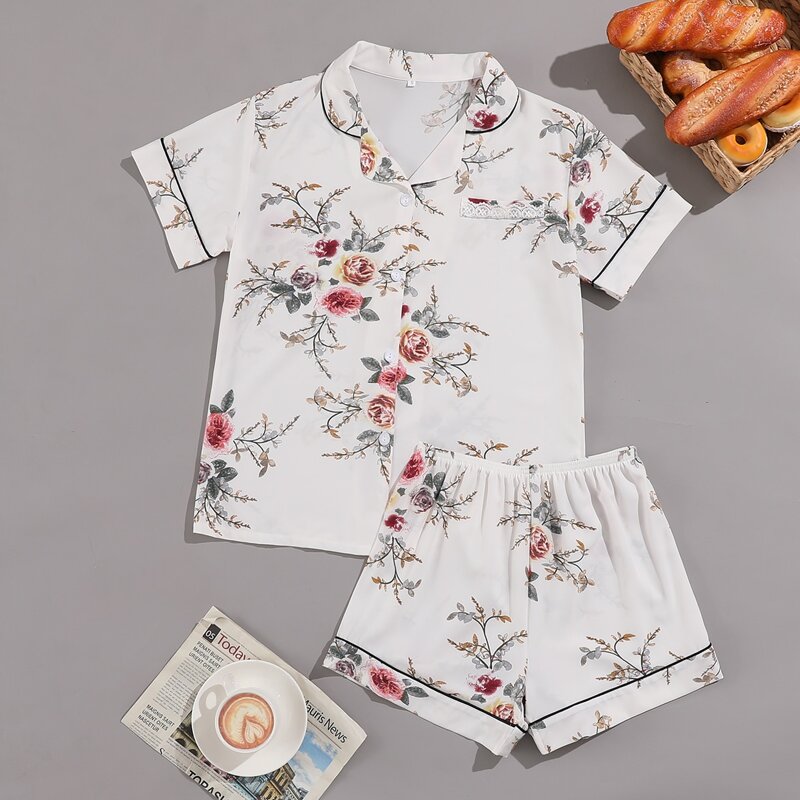 

Floral Print Contrast Piping Night Set, White