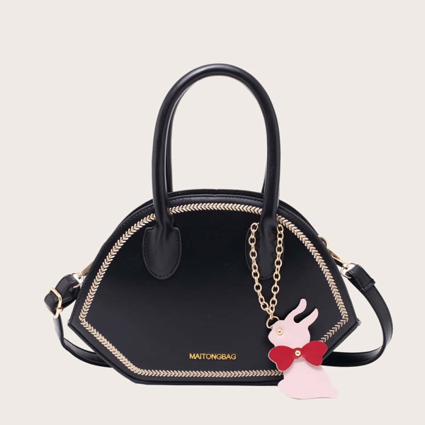 

Cartoon Charm Stitch Detail Satchel Bag, Black
