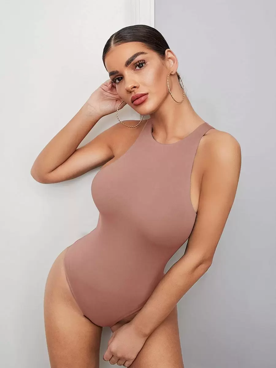 SHEIN BAE Solid Tank Bodysuit - Dusty Pink - View 1