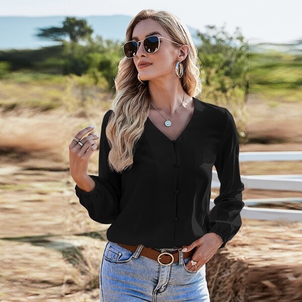 

V-neck Button Up Solid Blouse, Black