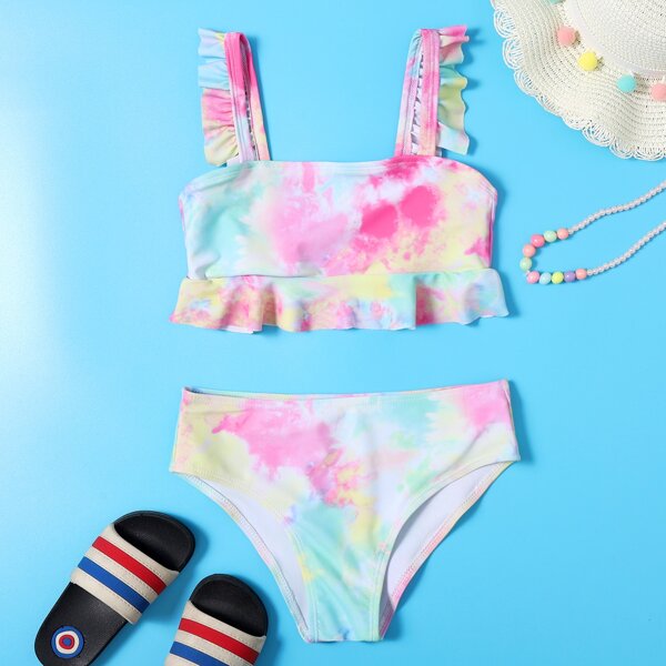 

Girls Tie Dye Ruffle Bikini Swimsuit, Multicolor