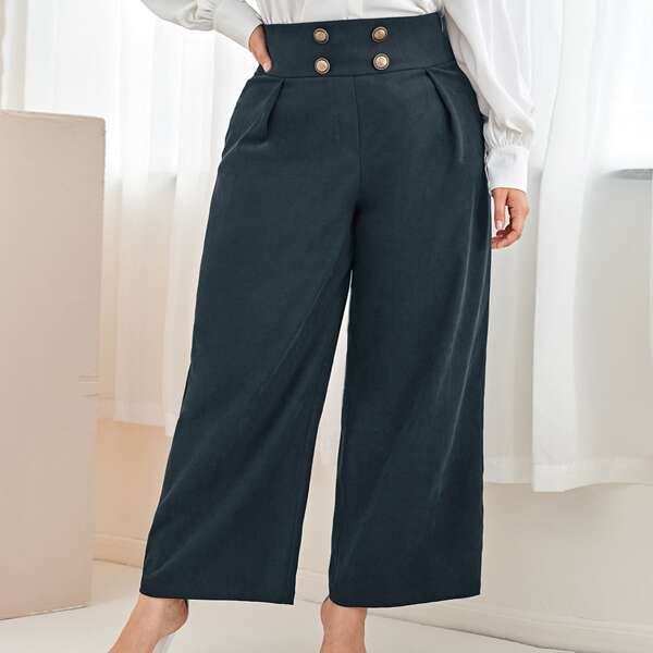 

Plus Double Button Detail Wide Waistband Solid Pants, Navy blue
