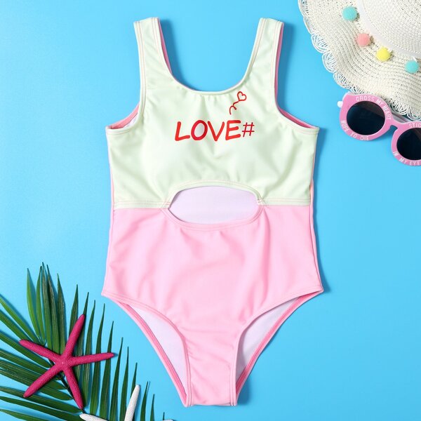 

Girls Two Tone Letter Graphic One Piece Swimsuit, Multicolor