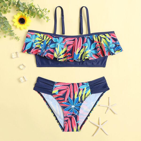 

Girls Random Plant Flounce Bikini Swimsuit, Multicolor