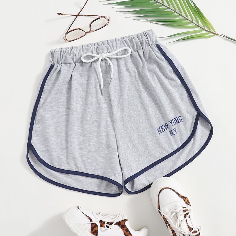 

Letter Graphic Contrast Binding Drawstring Shorts, Light grey