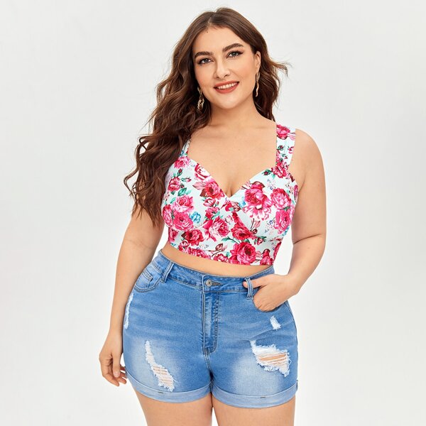 

Plus Floral Print Shirred Cami Top, Multicolor