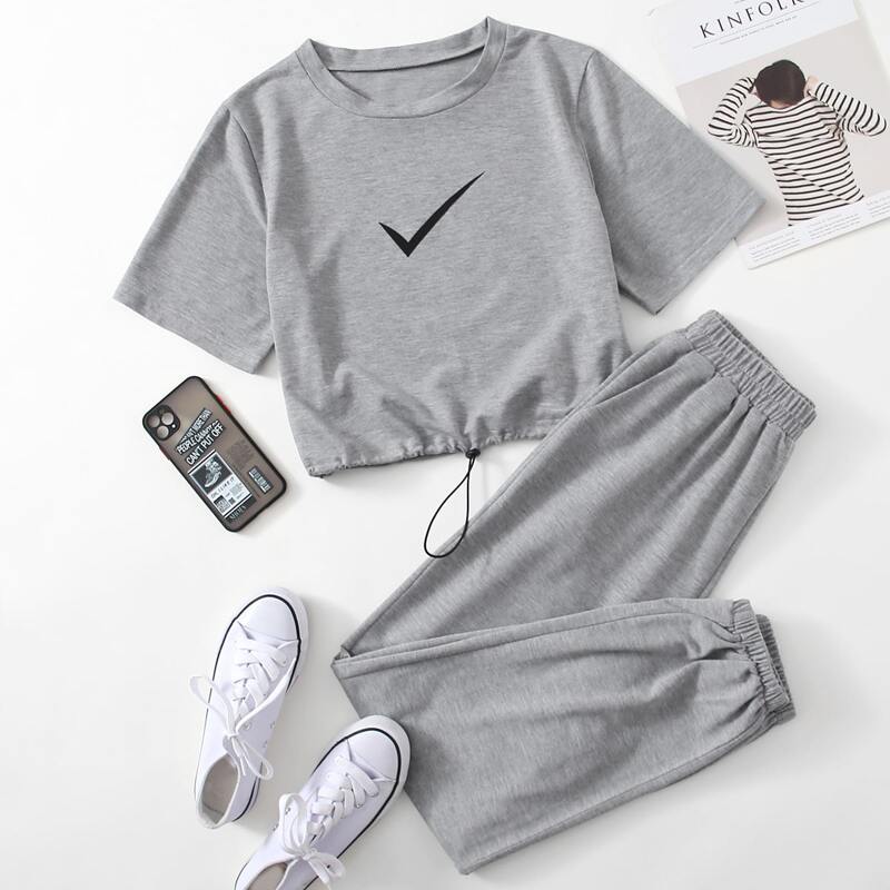 

Graphic Print Drawstring Hem Tee & Sweatpants, Grey
