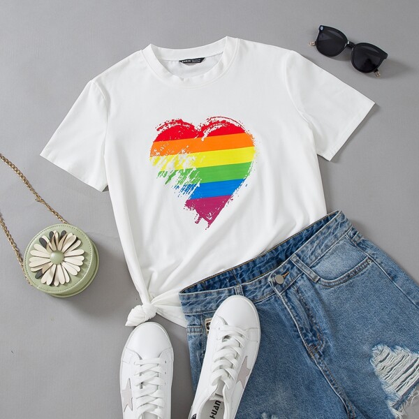 

LGBT Heart & Rainbow Stripe Print Tee, White