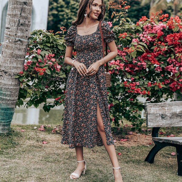 

Allover Floral Print Split A-line Dress, Multicolor