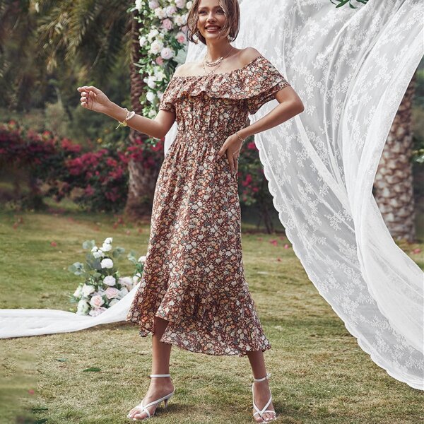 

Allover Floral Print Shirred Waist A-line Dress, Multicolor