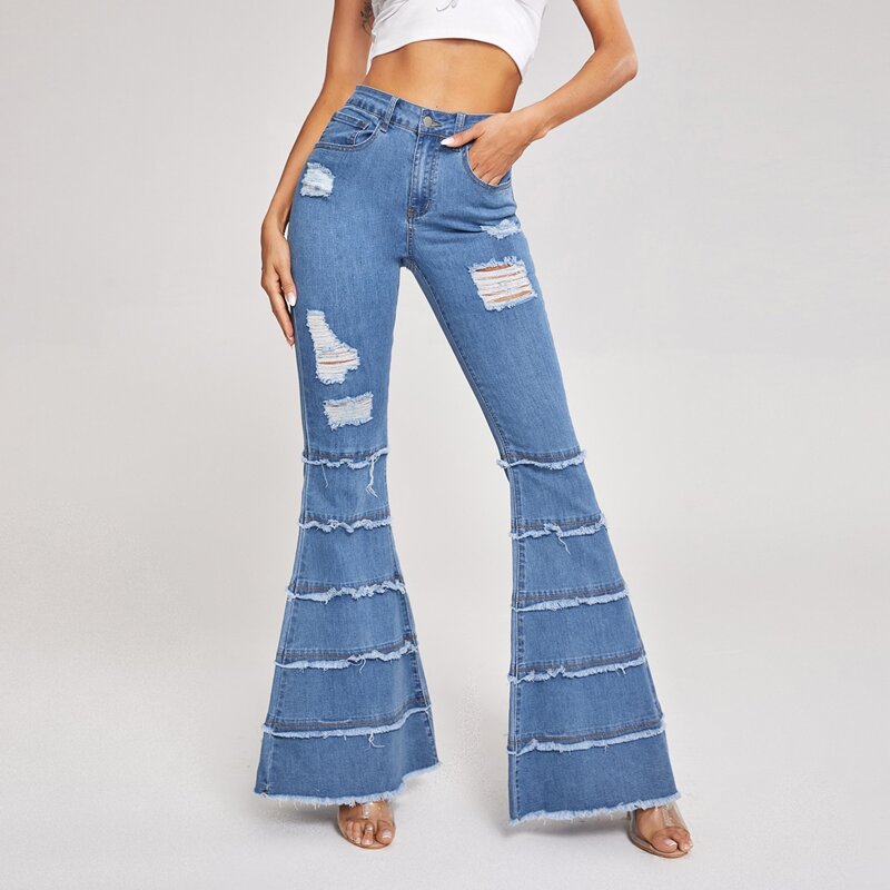 

High Waist Raw Hem Ripped Flare Leg Jeans, Medium wash