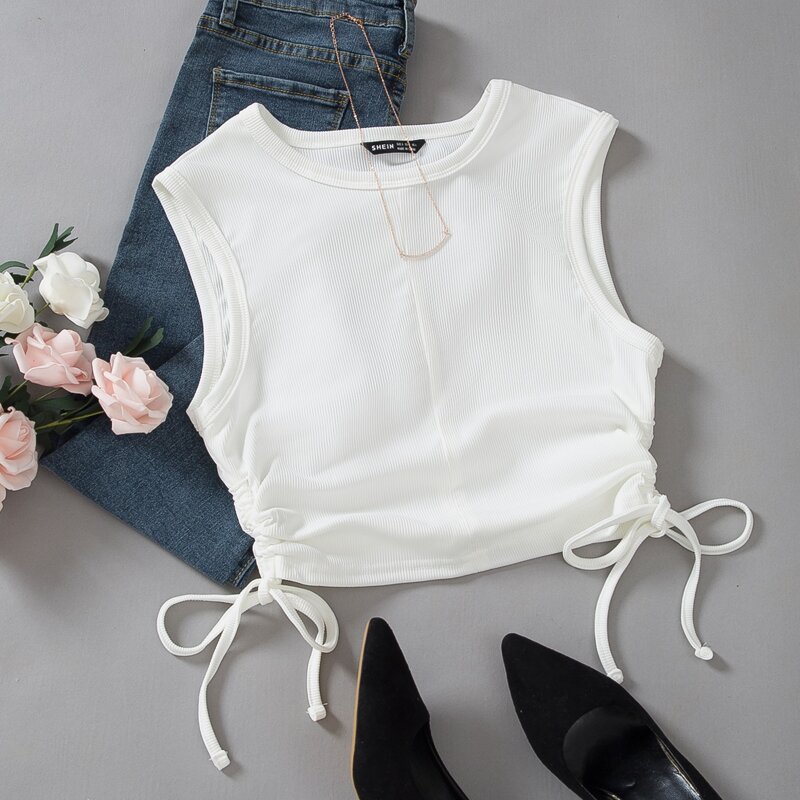 

Rib Knit Drawstring Side Tank Top, White