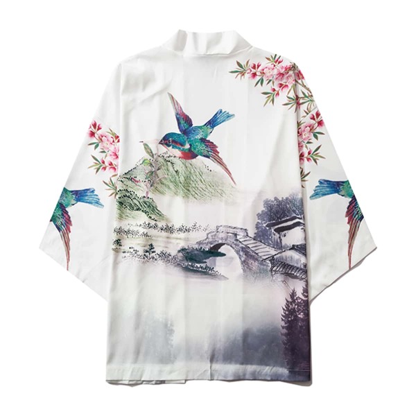 

Men Bird And Landscape Print Kimono, Multicolor