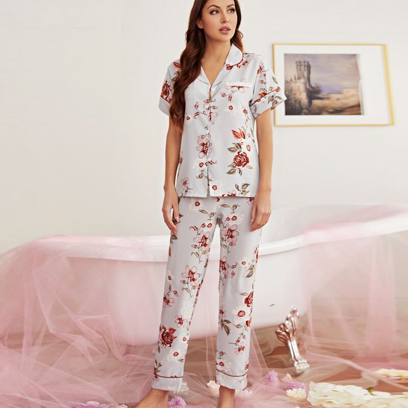 

Lapel Collar Floral Print Night Set, Multicolor