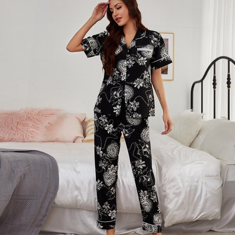 

Floral Print PJ Set, Black