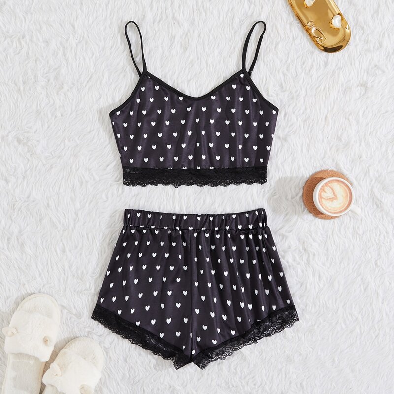 

Heart Print Lace Trim Cami Pajama Set, Black