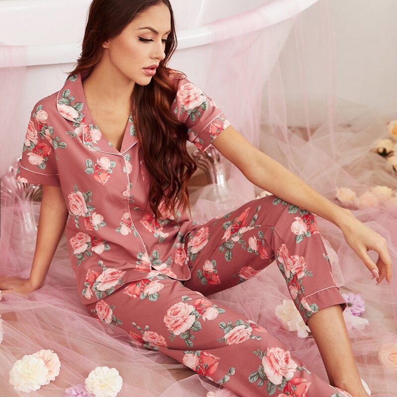 

Floral Print Button Front Lapel Collar Night Set, Redwood