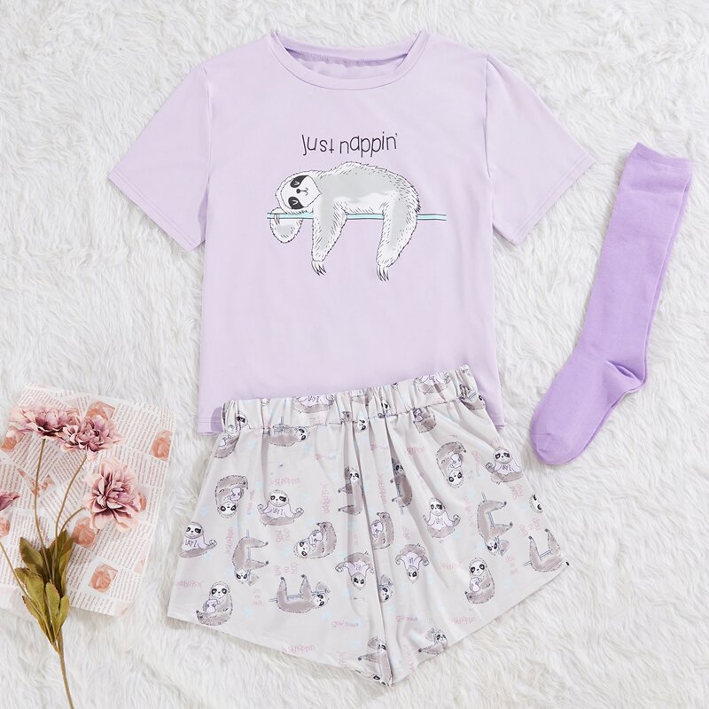 

Cartoon Sloth And Slogan Graphic Tee & Shorts PJ Set, Multicolor