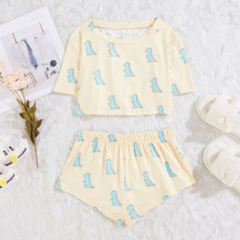 

Cartoon Dinosaur Graphic Tee & Shorts PJ Set, Yellow pastel