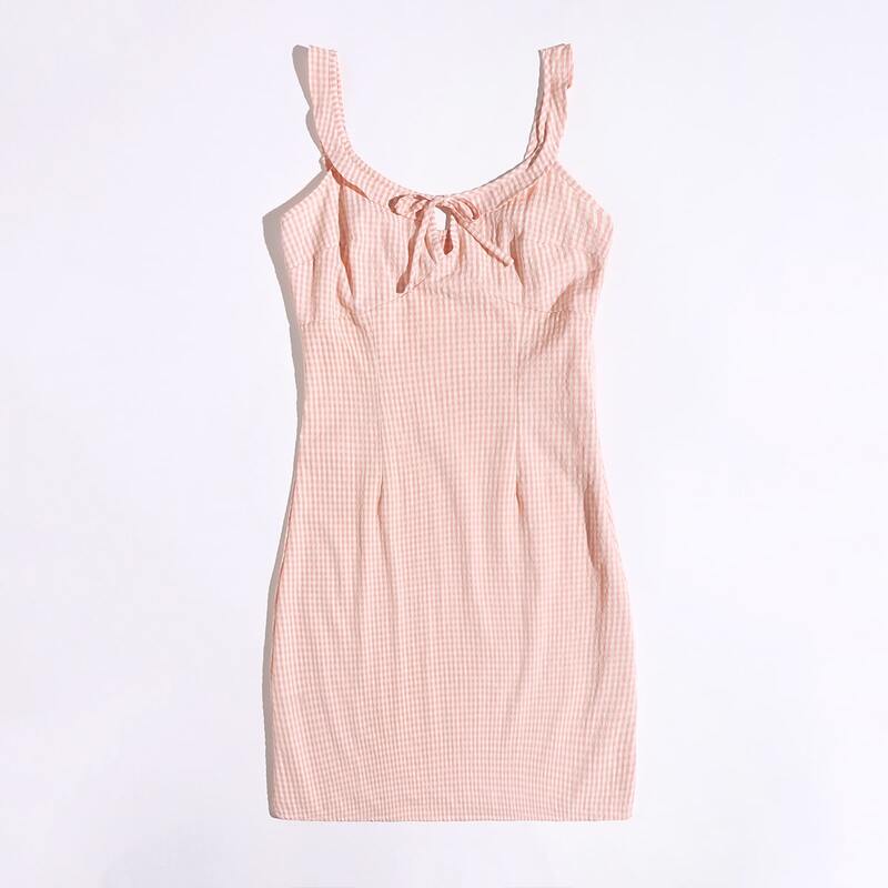 

Knot Front Plaid Cami Dress, Coral pink