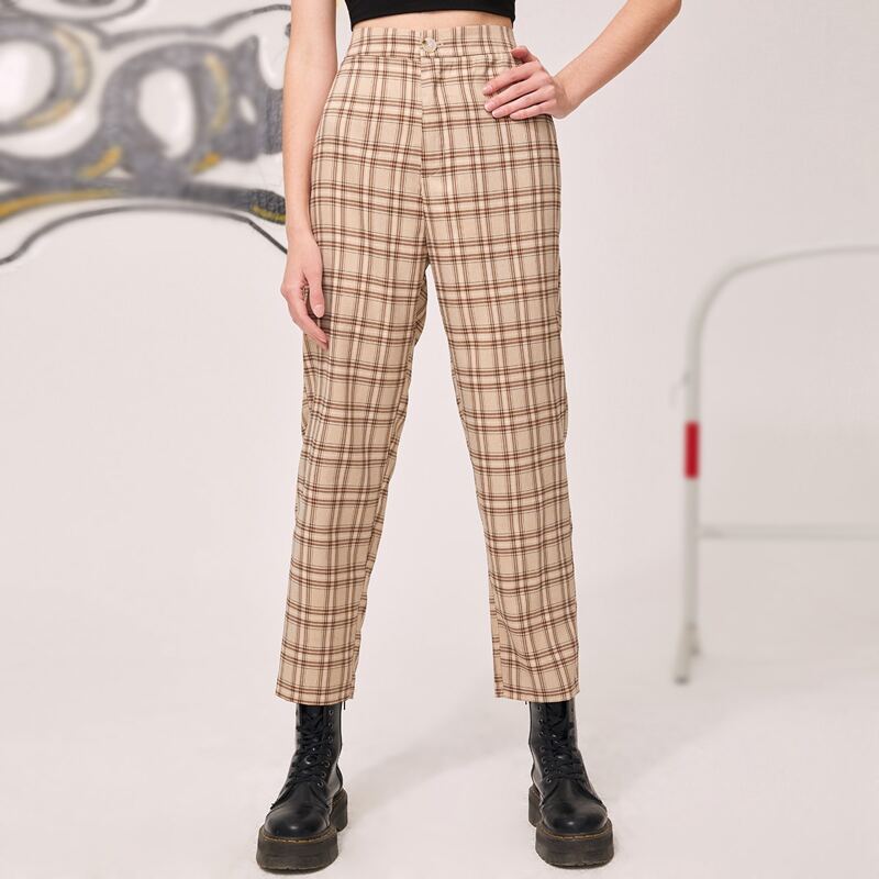 

High Waisted Plaid Pants, Apricot