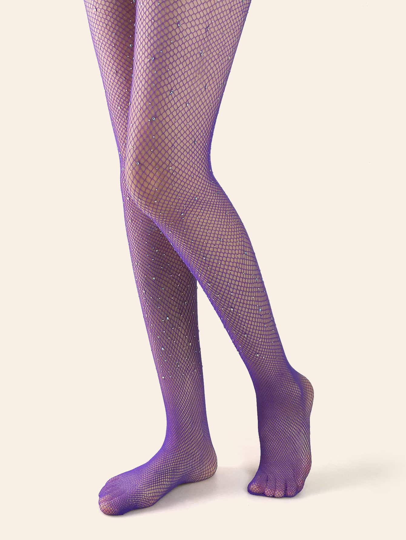 Rhinestone Decor Fishnet Tights - Purple - View 1